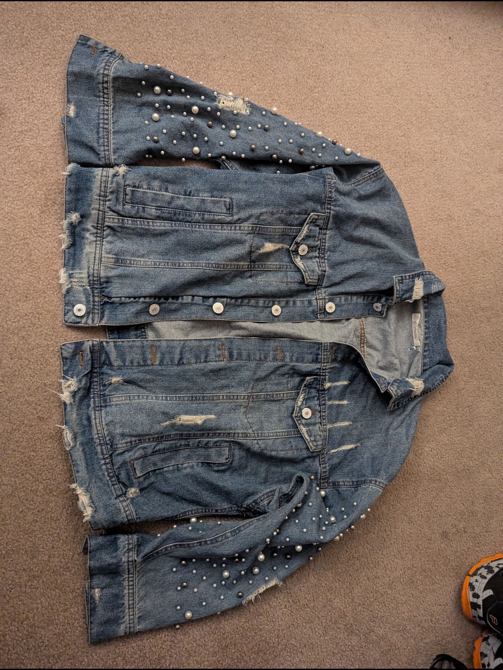 Women's Denim Jacket with Pearl Embellishment - Blue